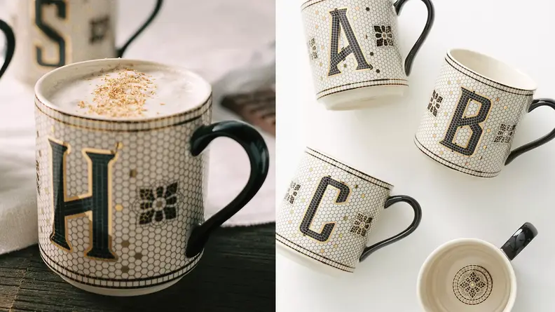 Two images of a monogram subway tile mug.