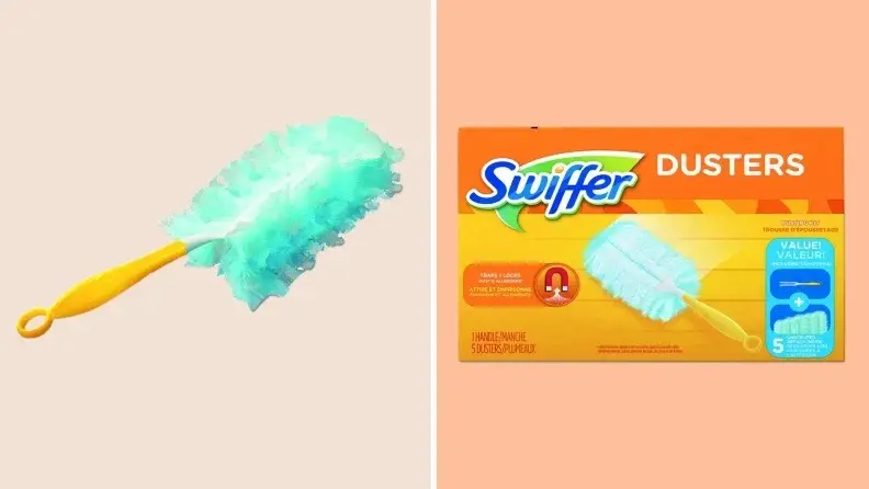A Swiffer duster and a box of Swiffer pads.