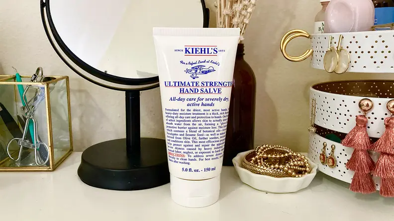The Kiehl’s Ultimate Strength Hand Salve sitting on the author's vanity.