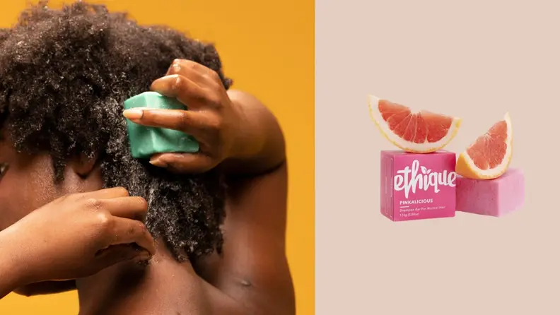 Left: Woman washing hair with a shampoo bar; Right: Ethique packaging and shampoo bar
