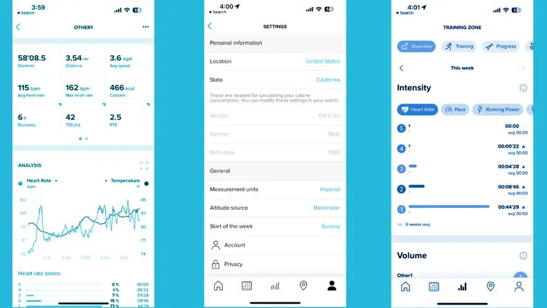 Three side-by-side screen captures of the Suunto app, showing various health metrics.