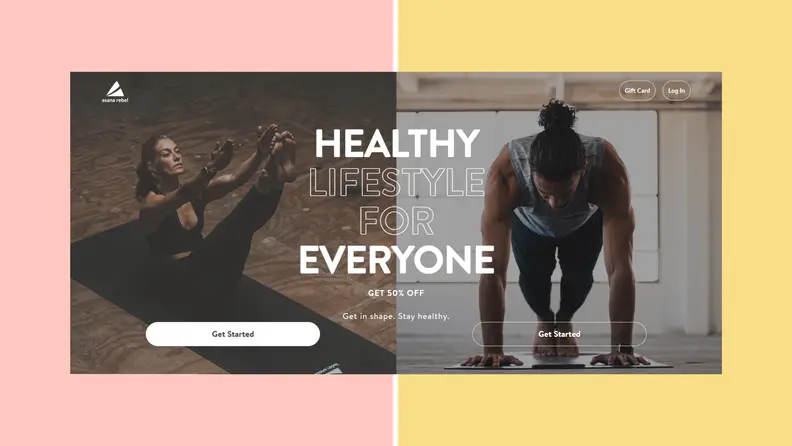 A screenshot of the Asana Rebel home page on their website. Featuring a woman doing a sit on a yoga matt and a man doing a push-up.