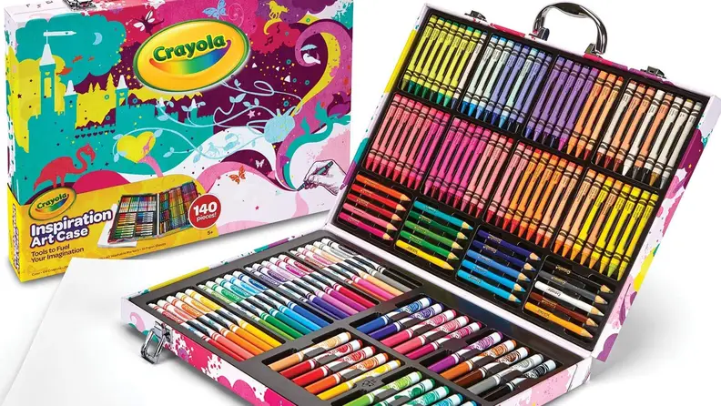 A briefcase of art supplies, like crayons and markers.