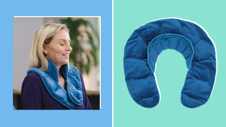 A woman wearing a cooling shoulder wrap, next to an image of the shoulder wrap itself against a teal background