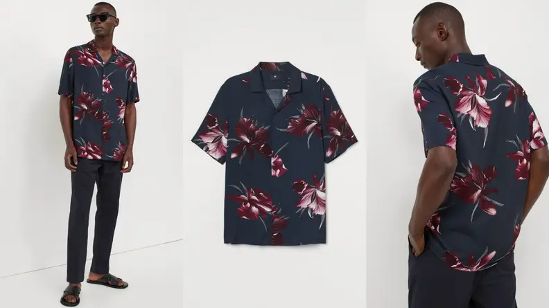 man wearing floral resort shirt from H&M