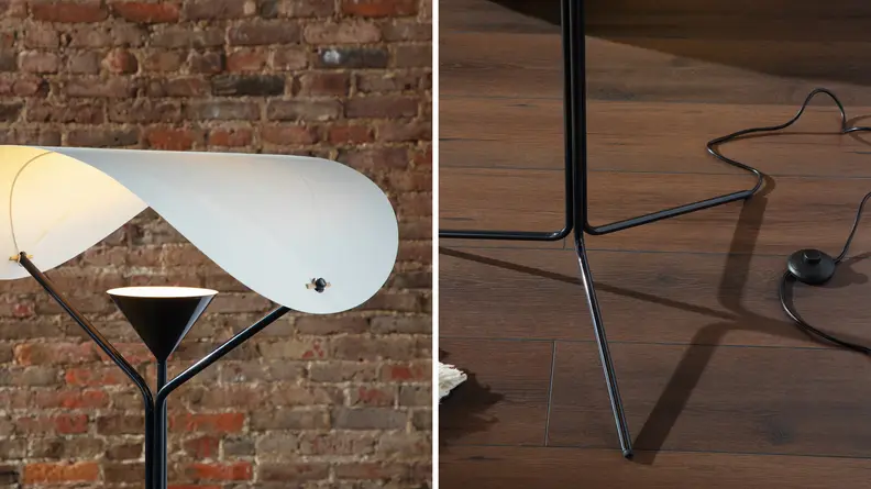 Close-up shots of the washi paper lamp shade and black steel frame on the Floyd Y-Lamp.