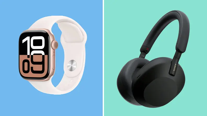 An Apple Watch and Sony headphones on a blue and green colorblock background