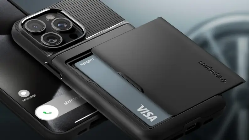 The Spigen Slim Armor is our top pick among rugged iPhone 15 Pro Max cases. Here, a wallet compartment is slid open to reveal a Visa debit card stored within.