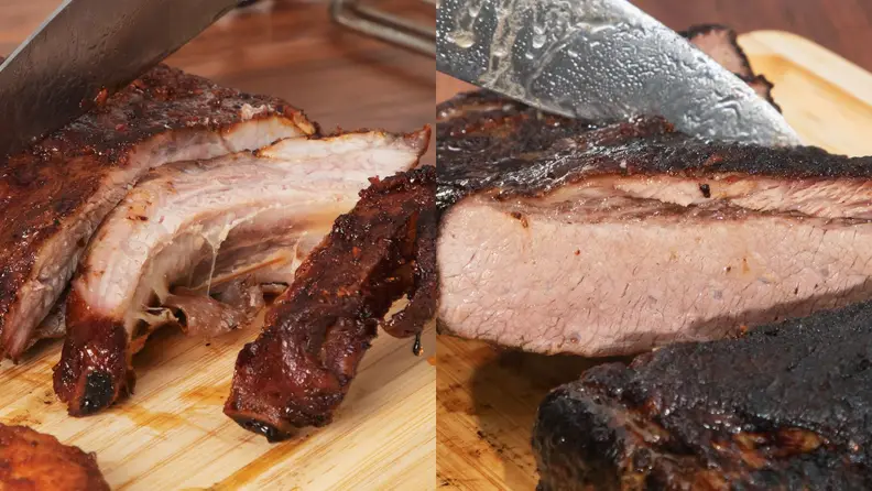 Sliced smoked ribs and brisket, showing its color and interior