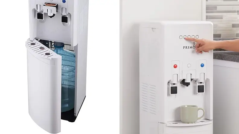 Left: A closeup image of a bottom loading water dispenser, partially open to reveal the water bottle inside. Right: A hand presses the button for single-cup coffee brewing on the same water dispenser.