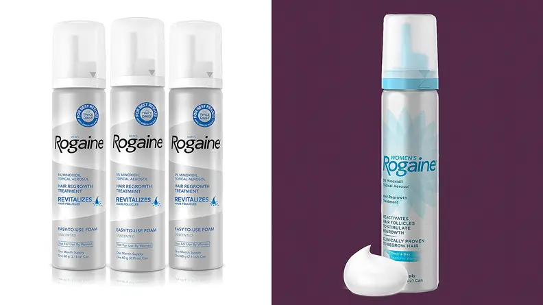 On the left: Three bottles of men's Rogaine hair growth. On the right: A bottle of women's Rogaine with a dollop of the product next to the bottle.