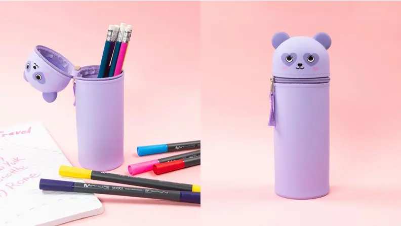 On left, purple panda pencil case holding pencils next to markers and notebook. On right, product shot of purple panda pencil case.