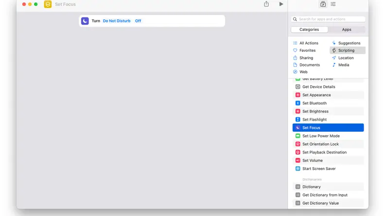 A screenshot of the Shortcuts app on macOS Monterey, showing how an example shortcut can be built to toggle Do Not Disturb and open two apps side-by-side.