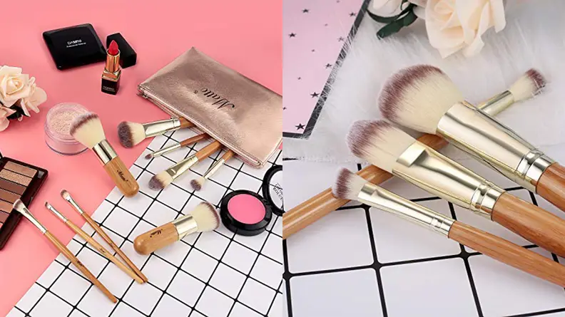 On the left: Mini makeup brushes scattered around makeup and a small cosmetic bag. On the right: Makeup brushes lay on a table.