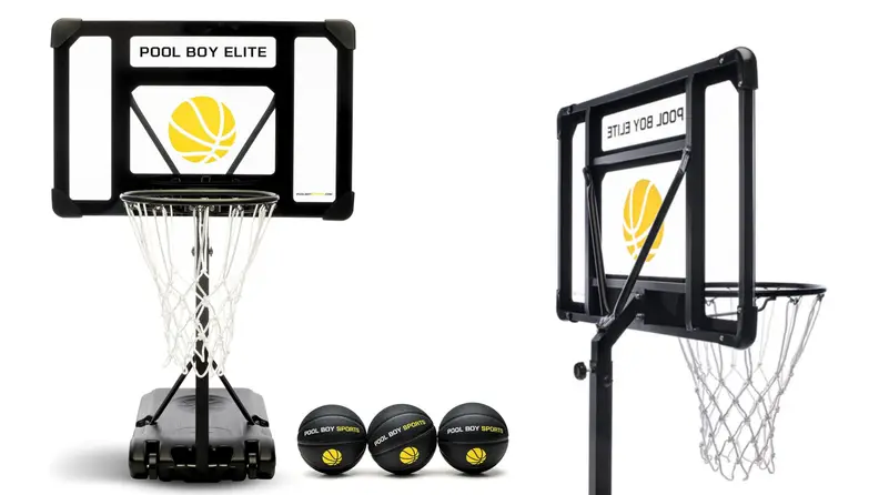 Pool Boy Sports Pool Boy Elite pool basketball hoop and three basketballs and a side view of the hoop.