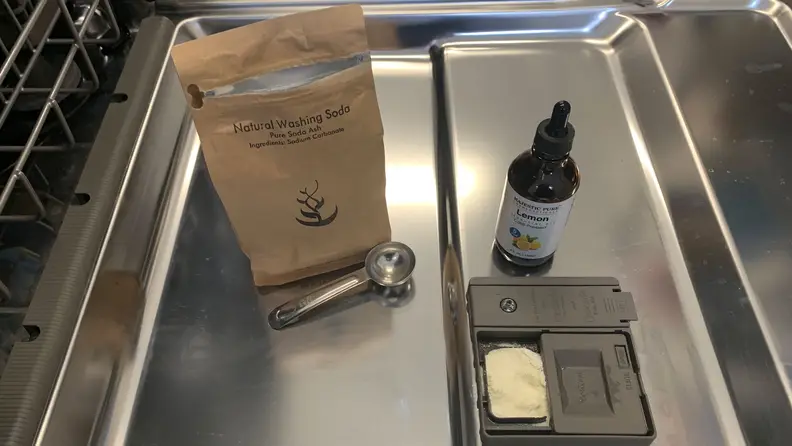 DIY dish detergent ingredients: washing soda and lemon essential oil