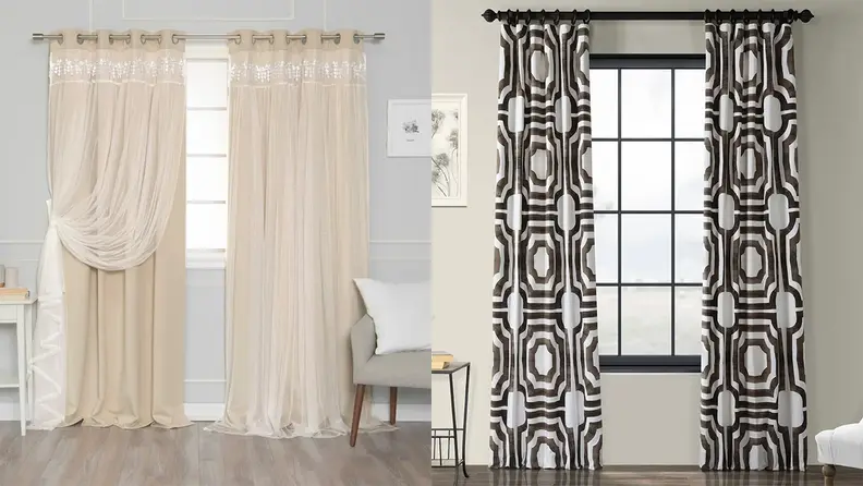 A split image of curtains from Overstock, one of the best places to buy curtains online.