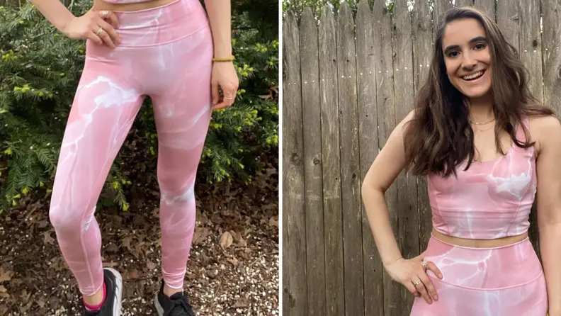 A brunette woman wearing Buffbunny's Crystal Crop and Rebel Leggings.