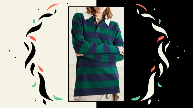 A green and blue striped rugby sweater with a white collar.