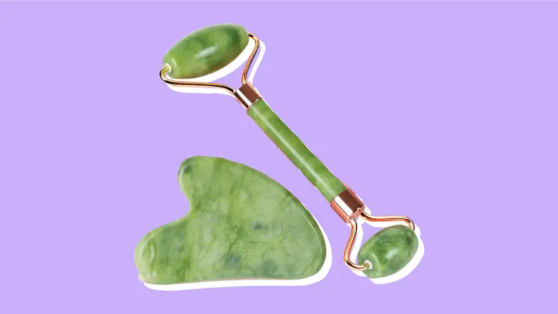 Baimei Gua Sha & Jade Roller on a purple background.