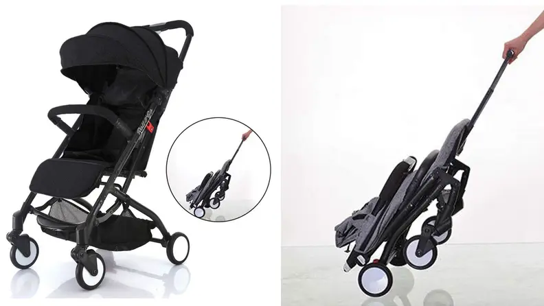 The Roll & Go stroller compactly folds and comes with a convenient handle that lets you roll it around, rather than have to carry it.