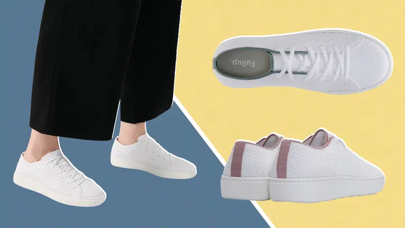 A person wearing FullUp Infinity sneakers and a bottom view of the shoe.