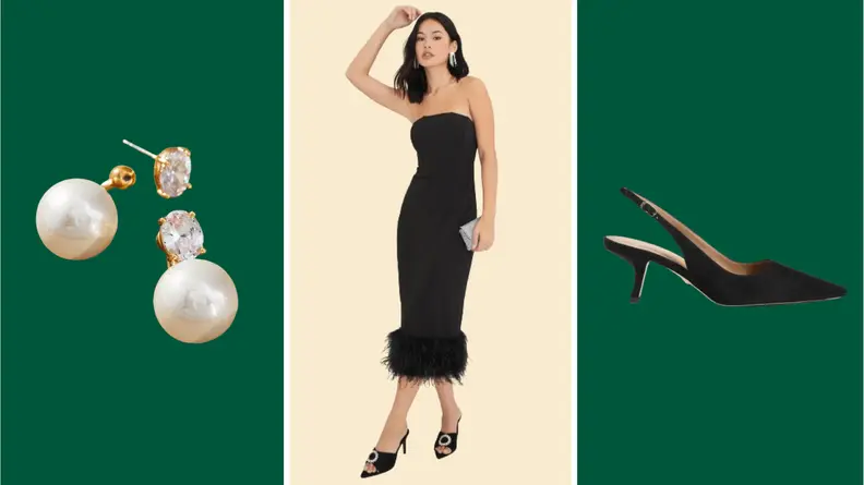 A model wearing a black midi dress with feather trim, a pair of pearl and crystal drop earrings, and a black slingback heel.