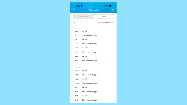 Govee Smart Countertop Ice Maker 2 app showing its activity log on a light blue background.
