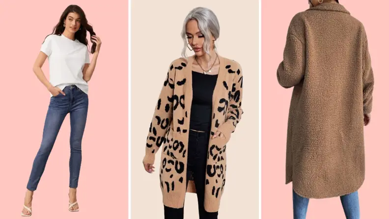 Collage of a white T-shirt, leopard-print cardigan, and brown teddy jacket, all worn on models.