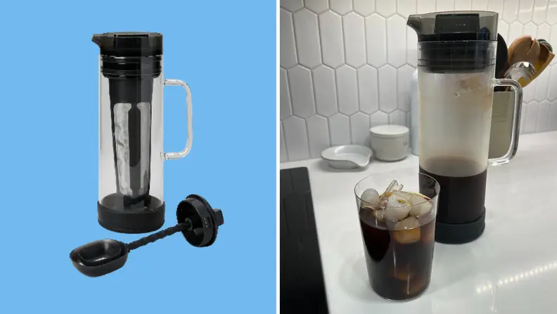 On the left is a product shot of a cold brew coffeemaker, on the right is a photograph of the coffeemaker and a glass of iced coffee on a white countertop.
