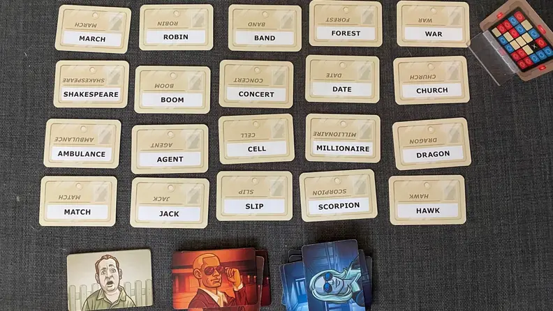 a board of keyword tiles for Codenames set
