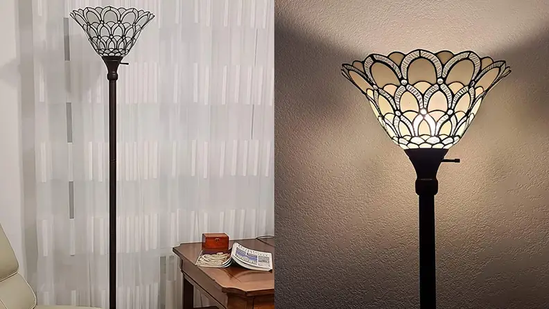 Two angles of the floor lamp in different modern home settings.