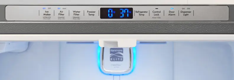 Most of the Kenmore Elite 74025's controls are actually found inside the fridge along the upper frame.