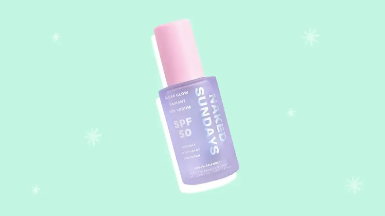 Naked Sundays sun serum on a mint green background.