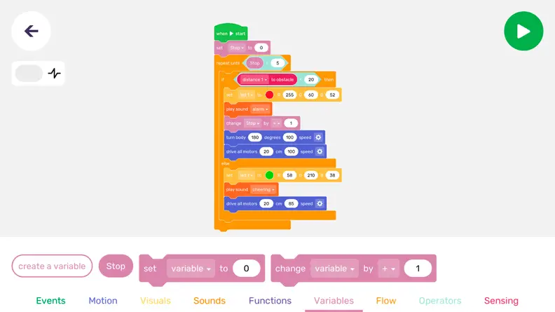 In the Robo Wunderkind Blockly app, you can use the Blockly coding language to program your robot.