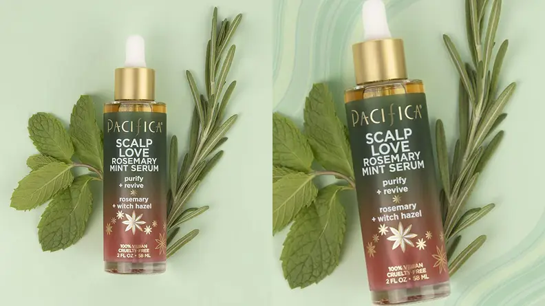 On the left and right: The brown dropper bottle of Pacifica scalp serum laying on herbs.