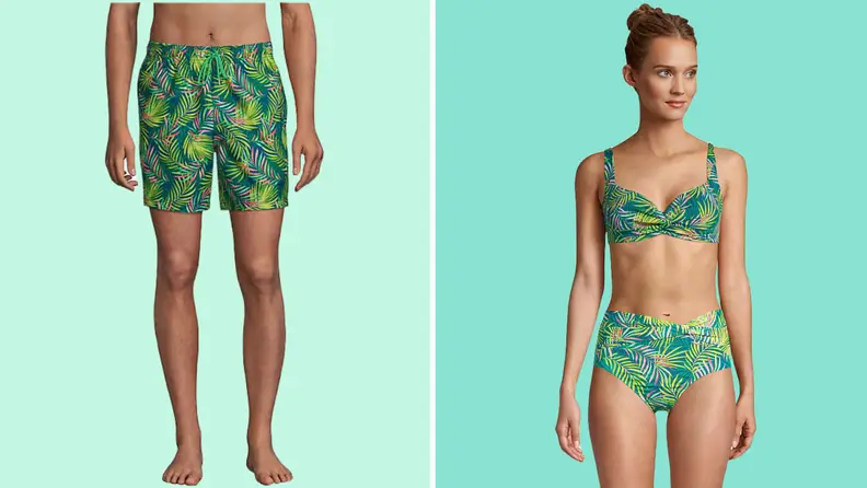 matching swim trunks and bikini with green palm leaf print