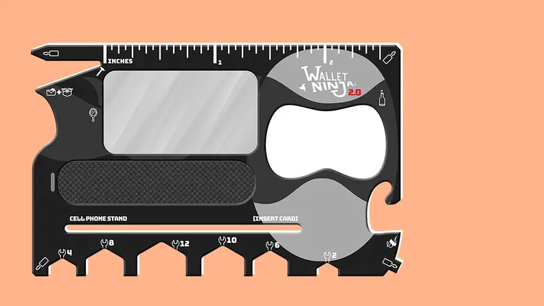 Wallet ninja multitool on pink background