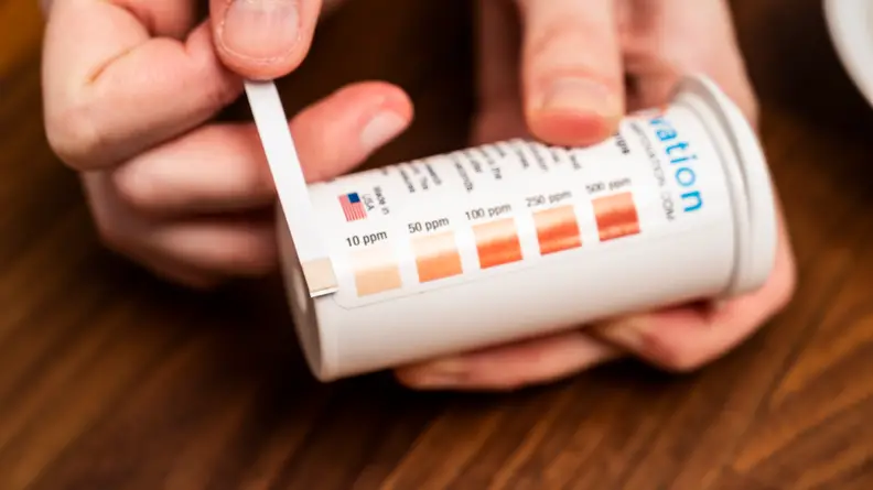 A testing strip held up against a testing strip bottle key