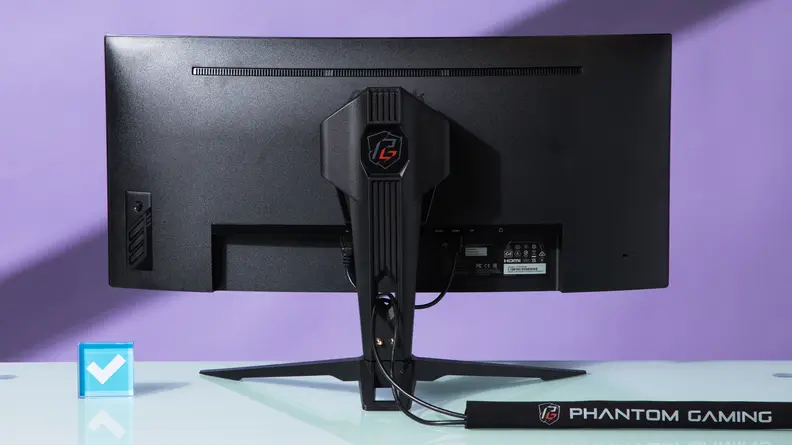 The back view of an ASRock Phantom Gaming PG34WQ15R2B monitor.