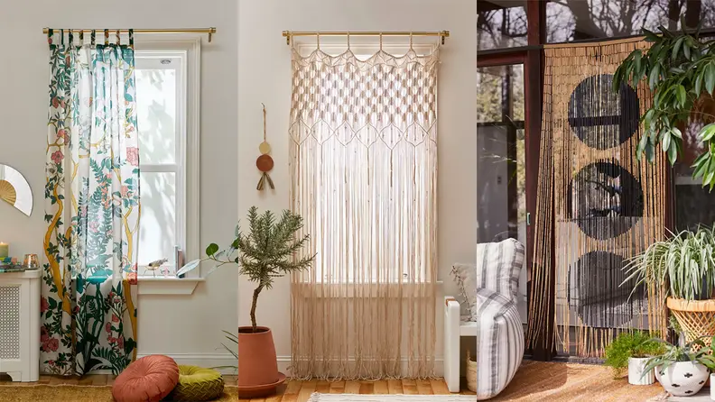 A split image of a floral curtain panel, beaded curtain, and macramé  panel, all from Urban Outfitters, which is one of the best places to shop for curtains online.