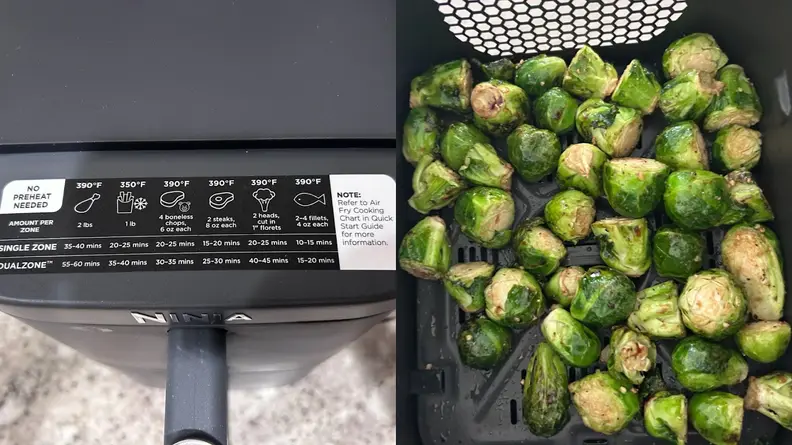 On left, an instructional guide for cooking a different variety of foods inside of the Ninja Double Stack XL Air Fryer. On right, Brussels sprouts inside of the fry basket of the Ninja Double Stack XL Air Fryer.