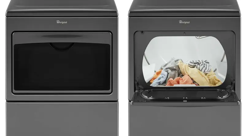 The WED7599GC dryer, closed and open