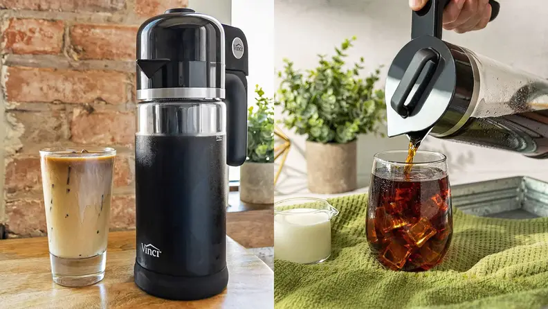 Left: Full Vinci cold brew carafe next to a glass of milky iced coffee. Right: carafe pouring cold brew into ice-filled glass