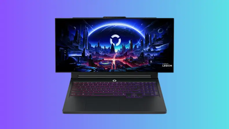 A Lenovo Legion gaming laptop is shown open against a colorful gradient background, highlighting its large display, RGB keyboard, and performance-focused design unveiled at CES 2026.