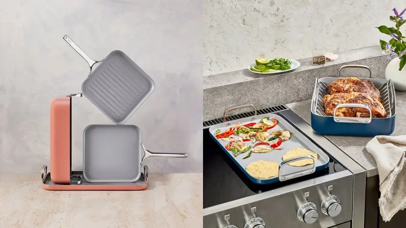 On left, coral pink skillets and pans stacked on top of each other on top of countertop surface. On right, Navy blue ceramic skillet and pan being used in kitchen to prepare a meal.