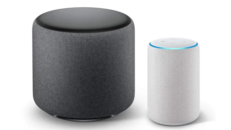 Charcoal Echo Sub next to white Echo Plus against white background