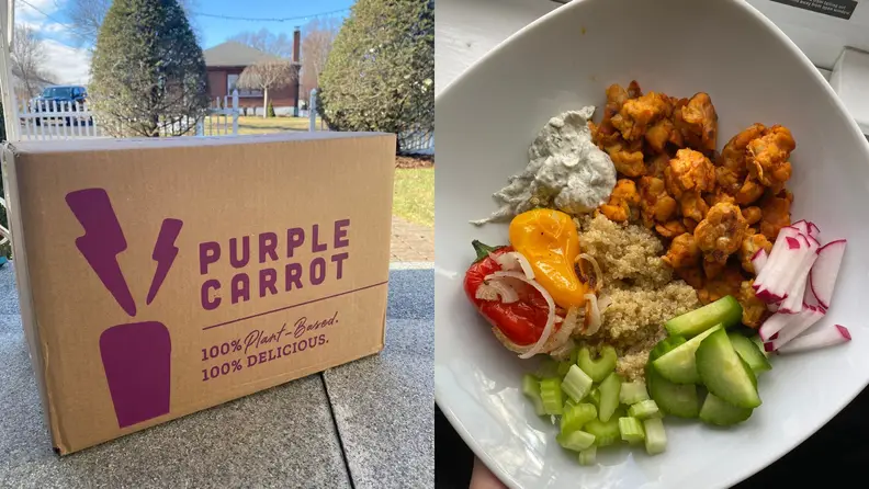 On left, Purple Carrot box outside. On right, bowl of buffalo tempeh with quinoa and veggies.