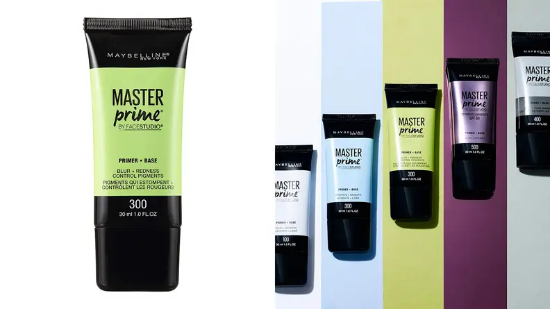 On the left: A green tube of makeup primer. On the right: Five tubes of makeup primer on a colorful background.