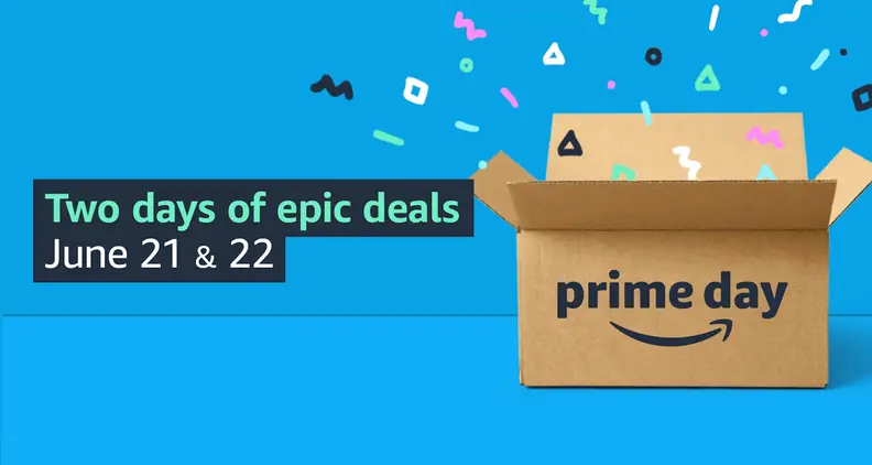 A promo image for Amazon Prime Day featuring an open box with shapes exploding out the top.